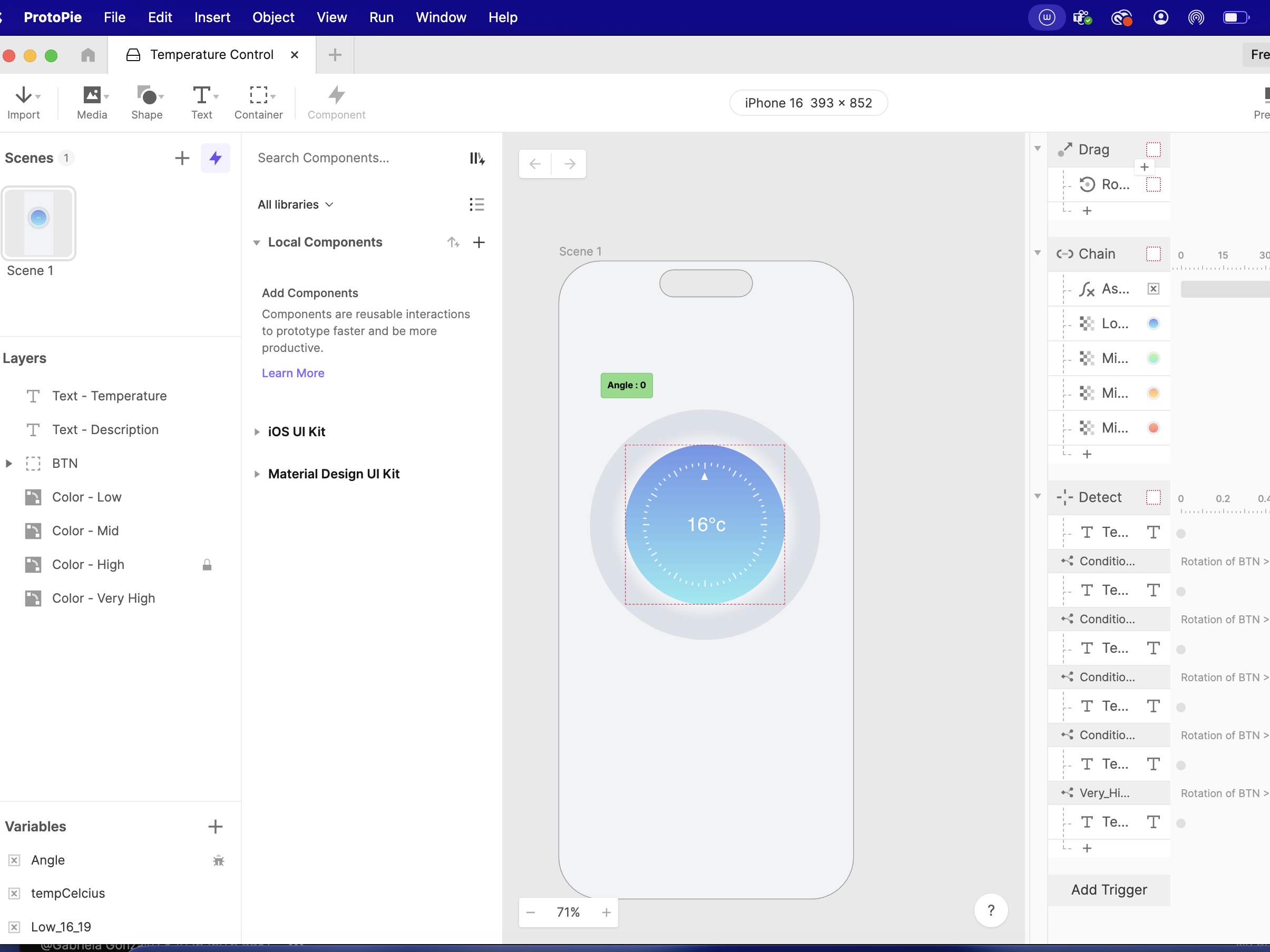 When I downloaded the template from Protopie, this is what I saw. I did try finding videos from Protopie or other creators playing around with this example, but none of them did or tested out anything I wanted to do, which was change temperature to pressure.