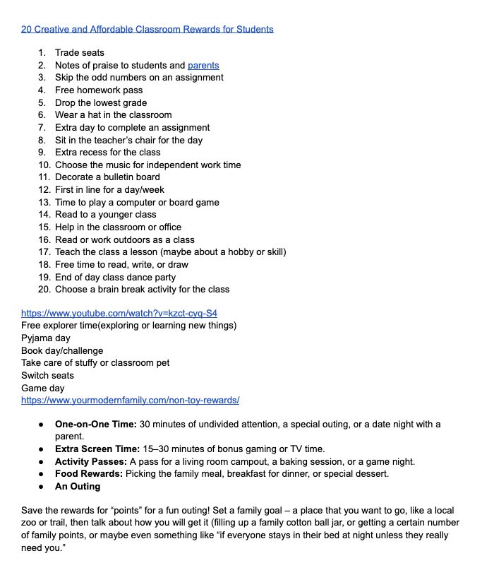 This Is the research I did to see other ways you can reward children.