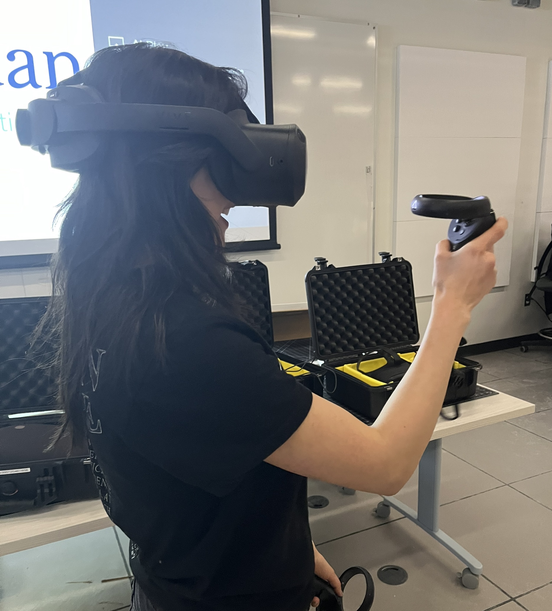 Here, we were playing around with the VR headset that the Mac techs brought in for us to test out and also tell us what we need to do if we wanted to sign them out and use them for our projects.